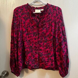 Anthropologie Maeve Button Front Balloon Sleeve Floral Blouse SZ XS
